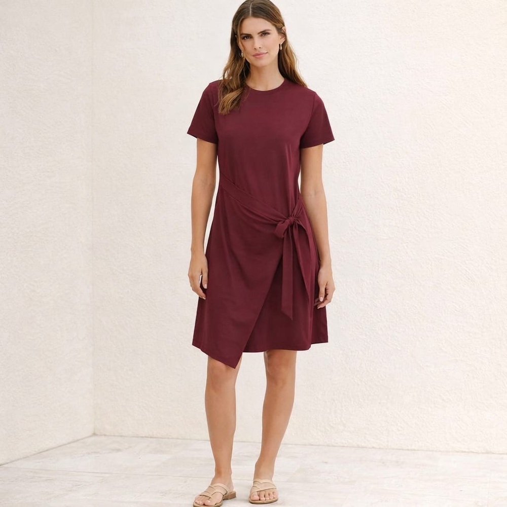 DOLAN Anthropologie Draped Mini‎ Dress SMALL Tie Waist Cotton Burgundy T-Shirt